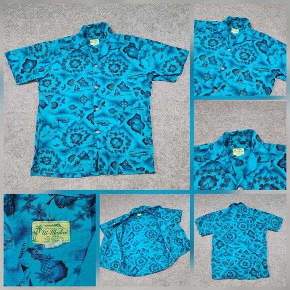 VTG 50s? Ui-Maikai Mens L? Large? Hawaiian Aloha Blue Button Up Tropical T Shirt - Picture 1 of 11